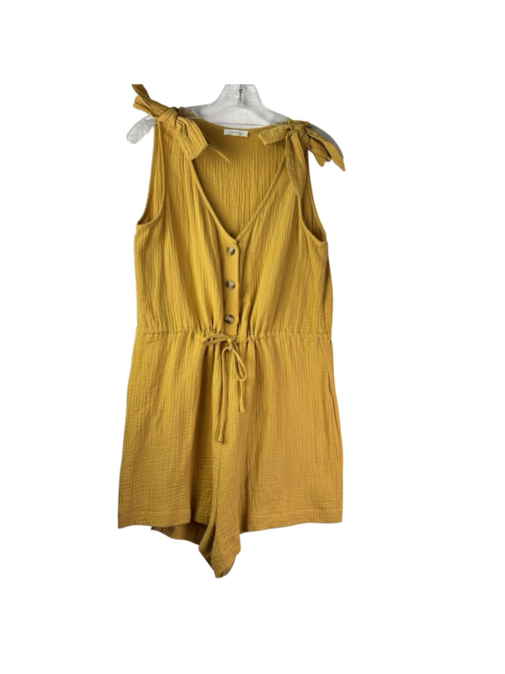 En Luxe Mustard Yellow Cotton Gauze Romper Tie Shoulder Button Front Jumpsuit M